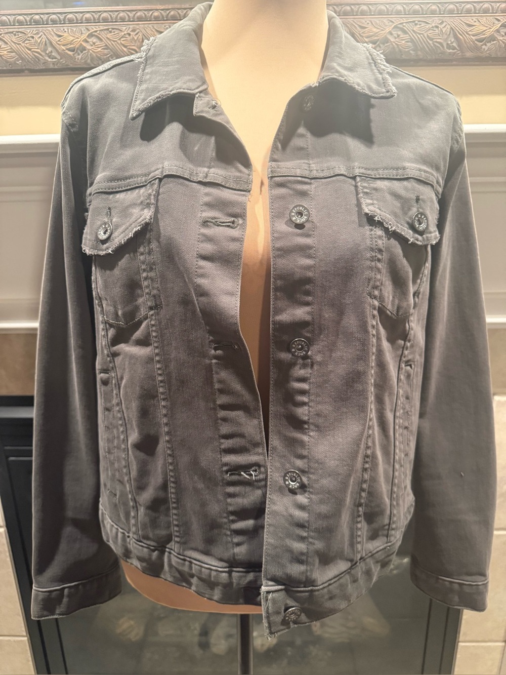 Rock & Republic Button-Up Distressed Denim Jacket Slate Grey/Army Green